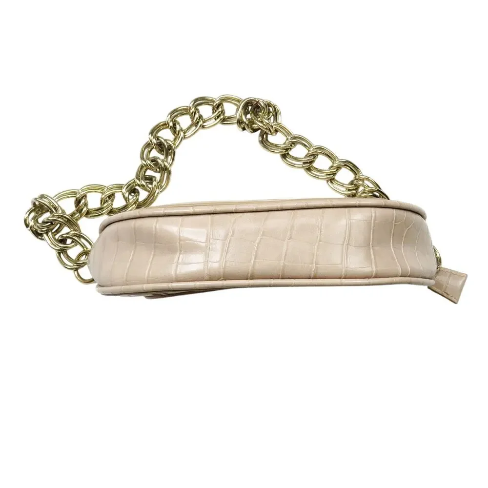 Zara Cream Croc Leather Shoulder Bag with Chunky Gold Chain Baguette Bag